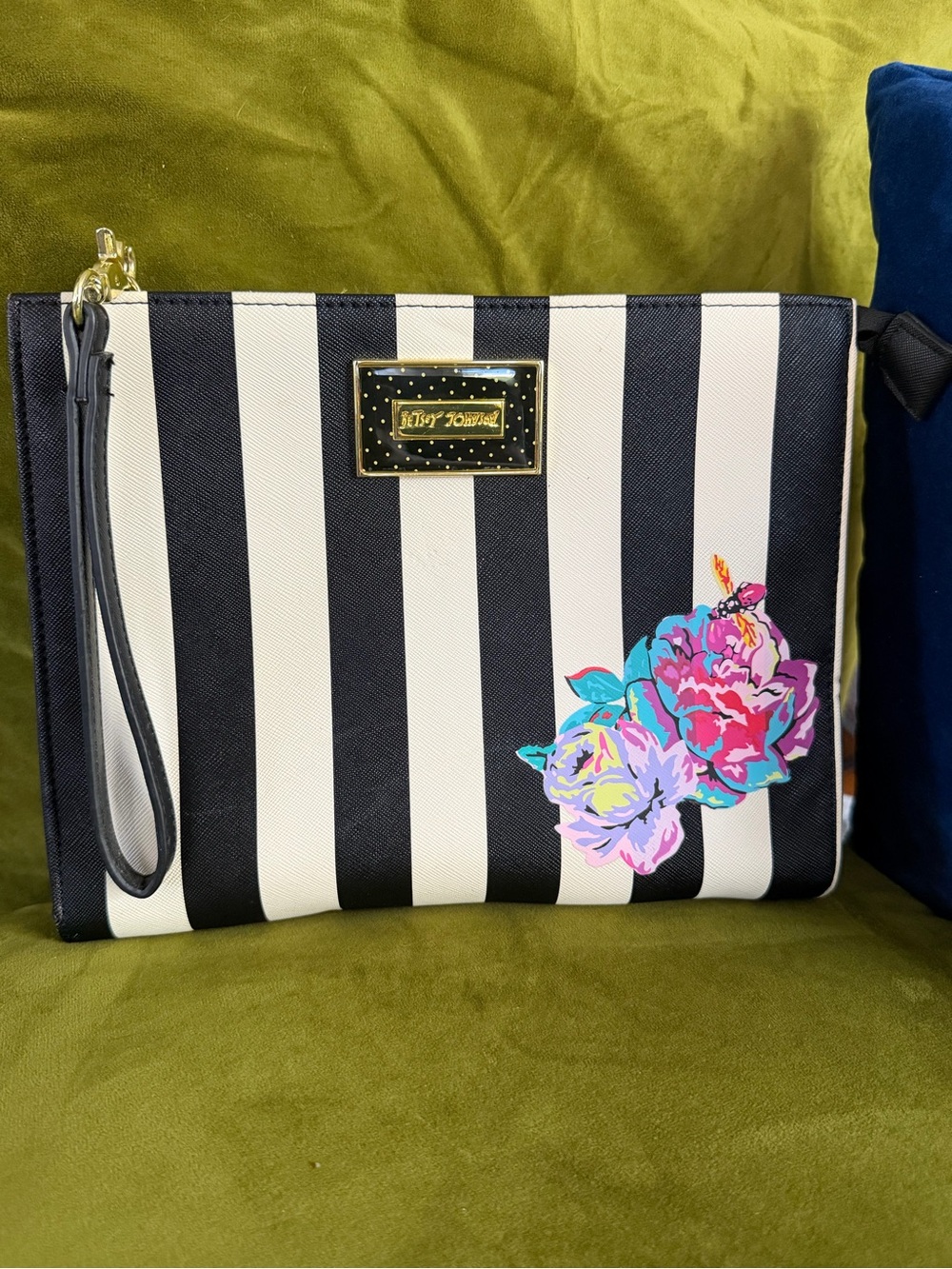 Betsey Johnson Black and White Floral Striped Clutch Large Makeup Bag